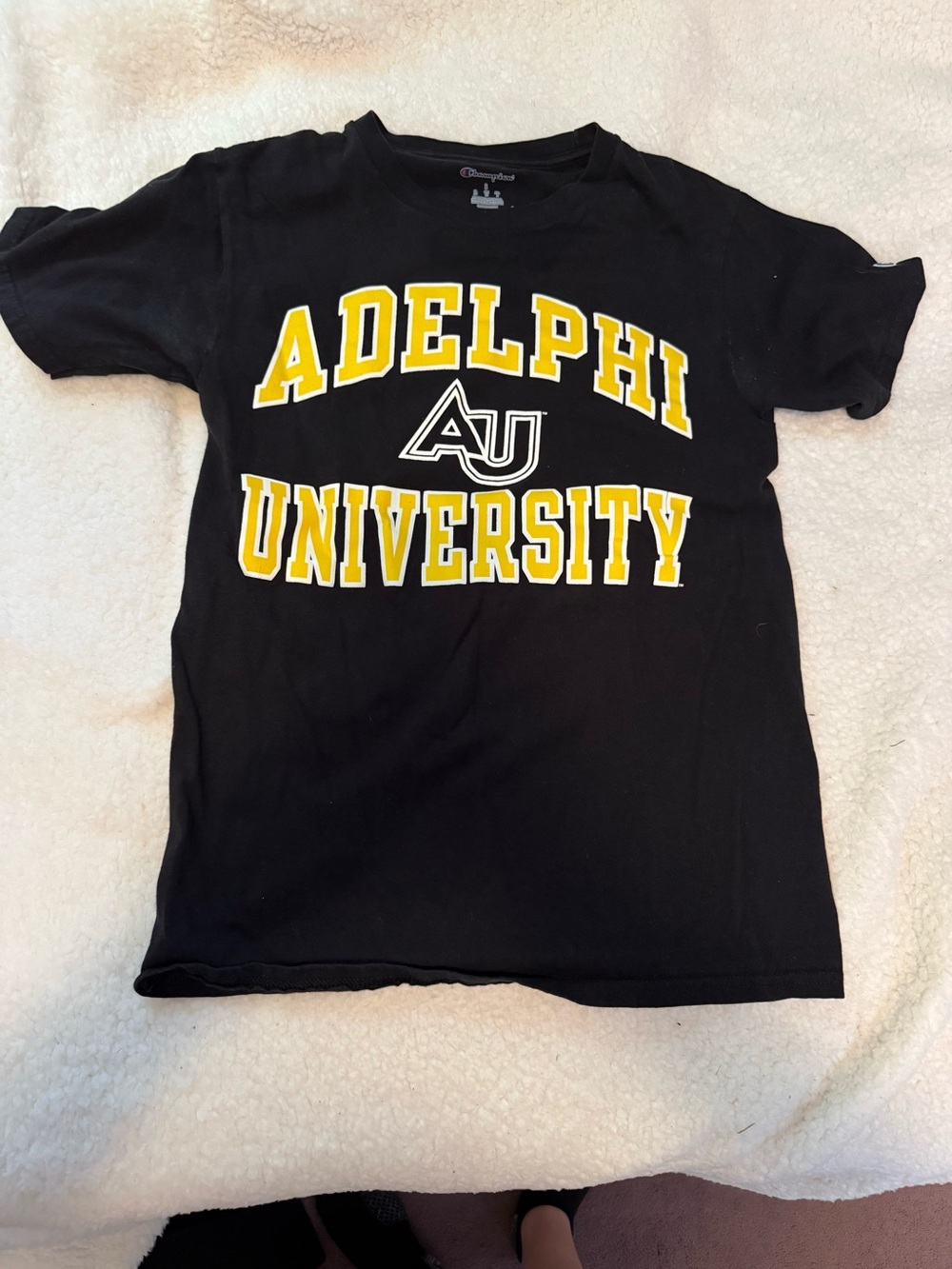 Champion Black Adelphi University Shirt with Yellow and White Logo